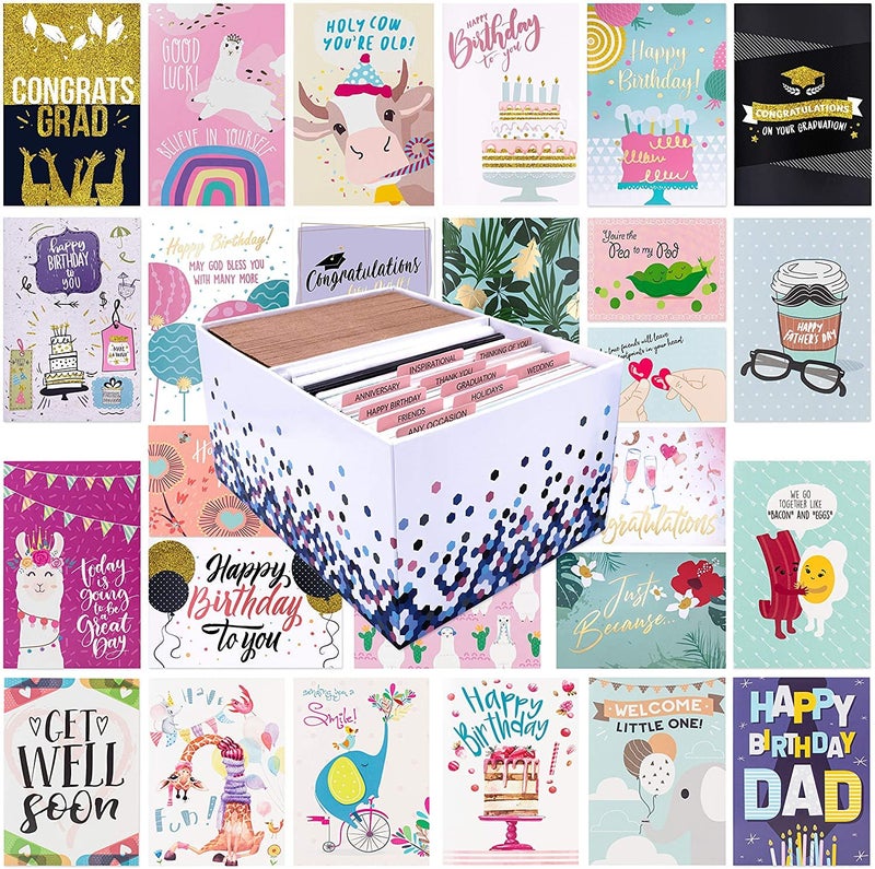 Bargain Paradise 100 All Occasion Greeting Cards- 100 Eye Catching Designs with Greeting Card Organizer Box- Friendship, Anniversary, BFF, Thank You, Wedding Cards & More- 4 x 6 inches with 100 Envelopes - Image 1